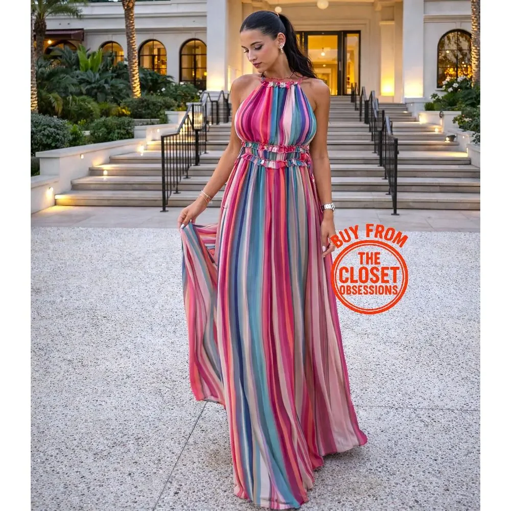 MANGO Stripe Halter Maxi Dress Resort Vacation Cruise Dress NWT Size 4 6
